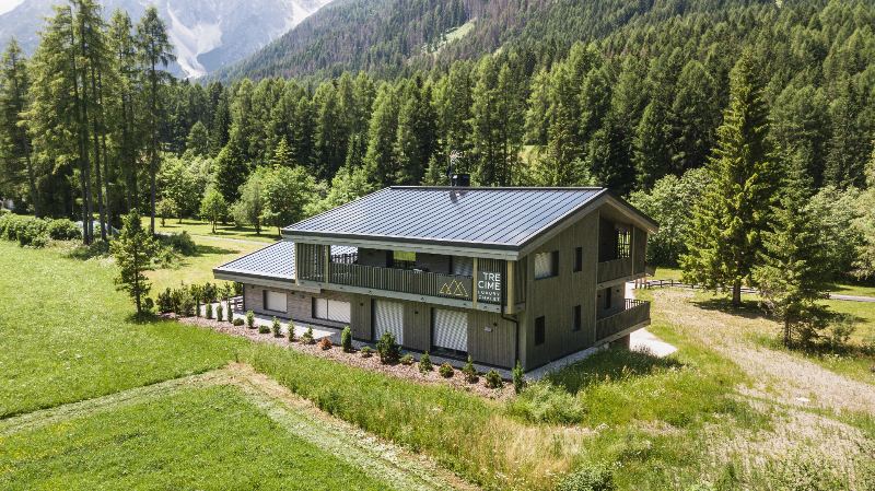 Building with a dark integrated solar metal roof in an alpine setting